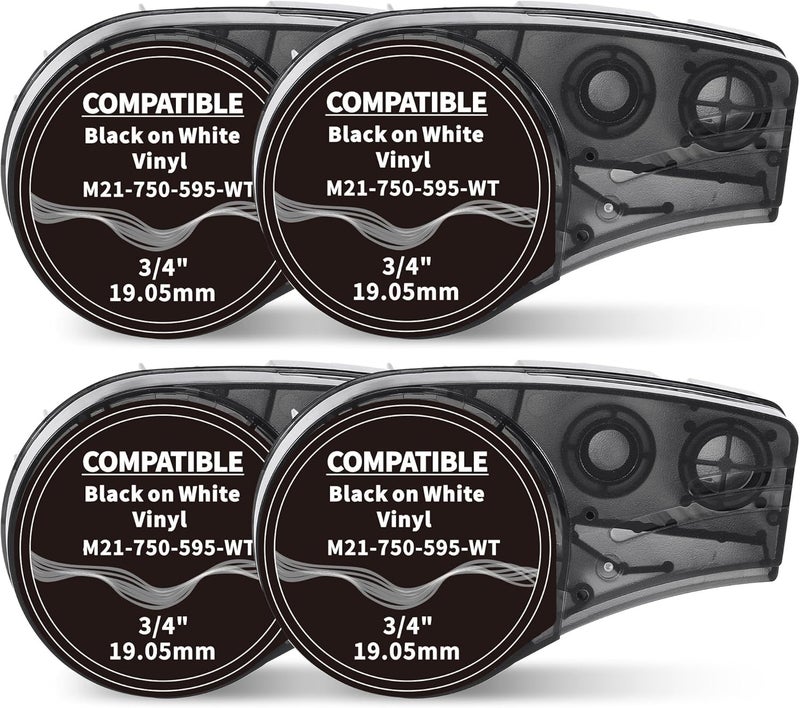 Wonfoucs Compatible Label Tape Replacememt for M21-750-595-WT All-Weather Vinyl Cartridge Ribbon, 3/4 inches Black on White Labels Tape for Indoor & Outdoor, Lab and Equipment Labeling, 4-Pack - Image 1